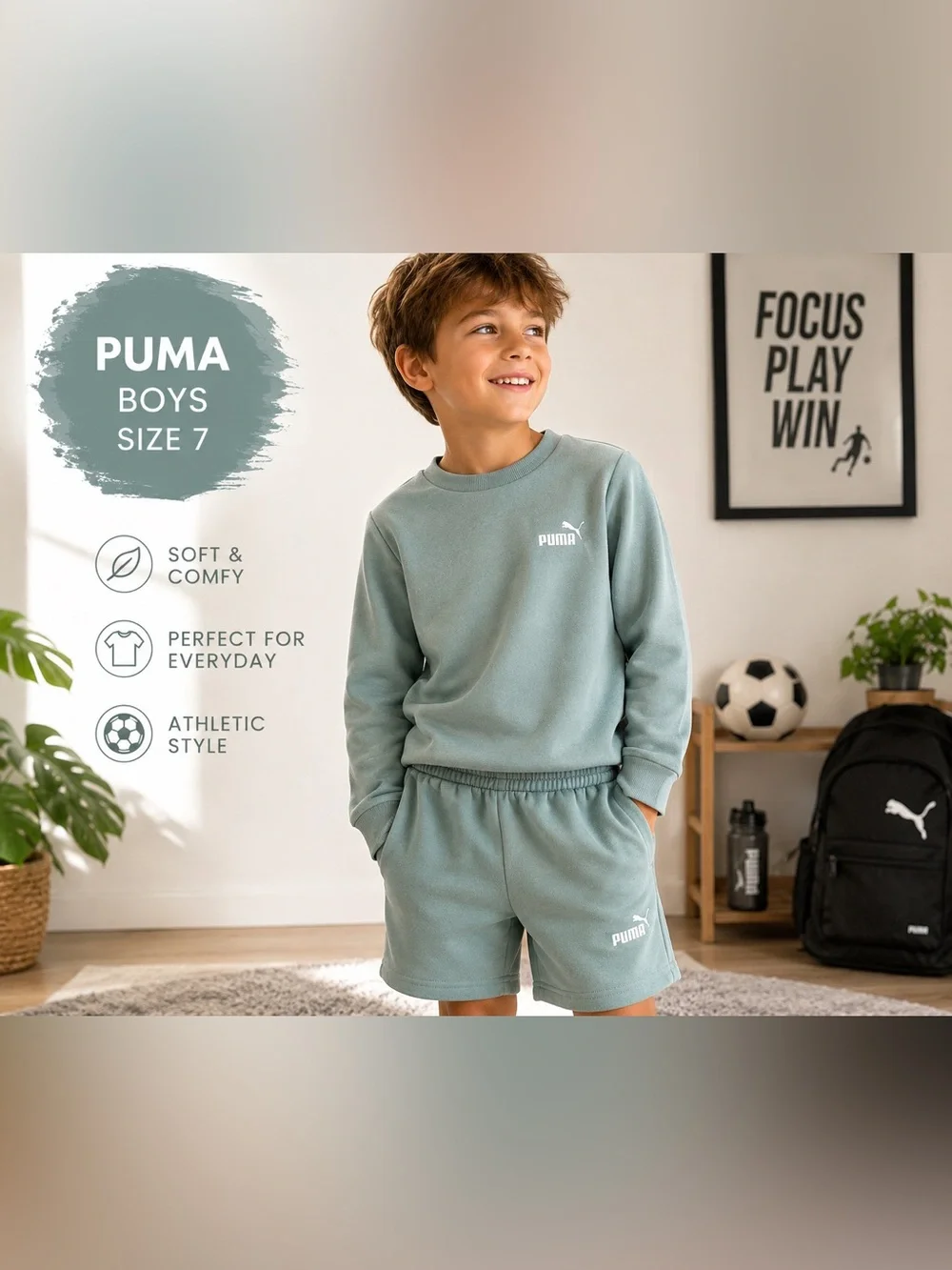 PUMA Boys Matching Sweatshirt & Shorts Set Sage Green Size 7 EUC